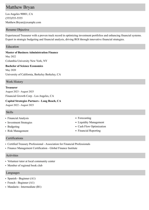 treasurer resume example