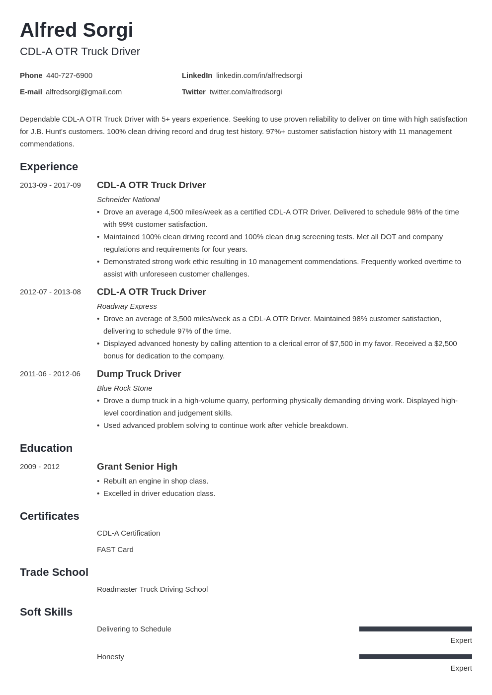 truck driver resume example template minimo