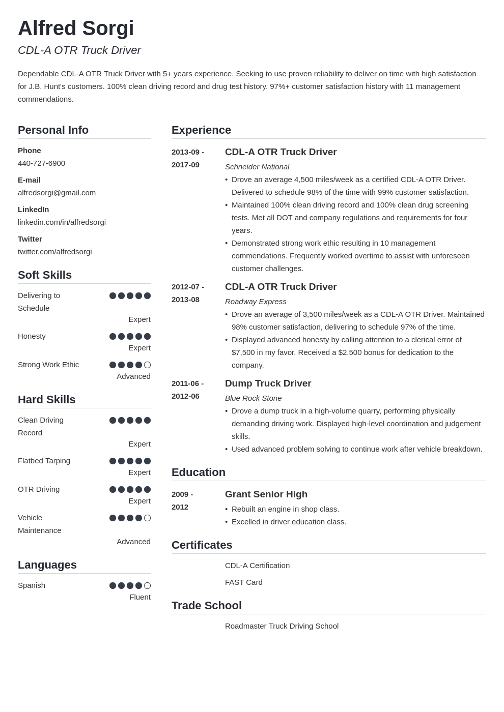 truck driver resume example template simple