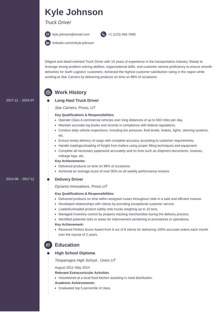 Concept resume template for truck drivers