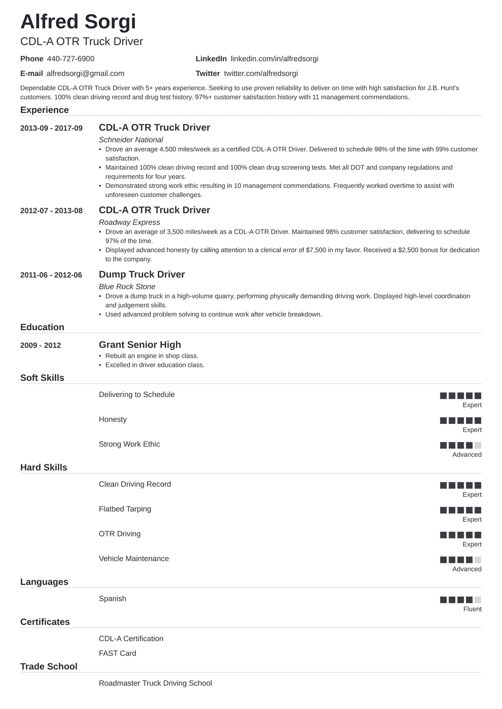 Truck Driver Resume Sample: Objective, Skills, Job Description