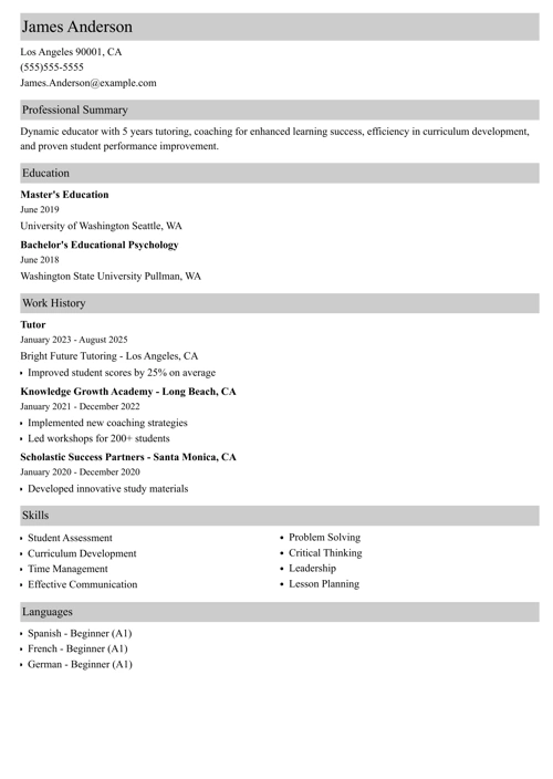 Tutor resume example