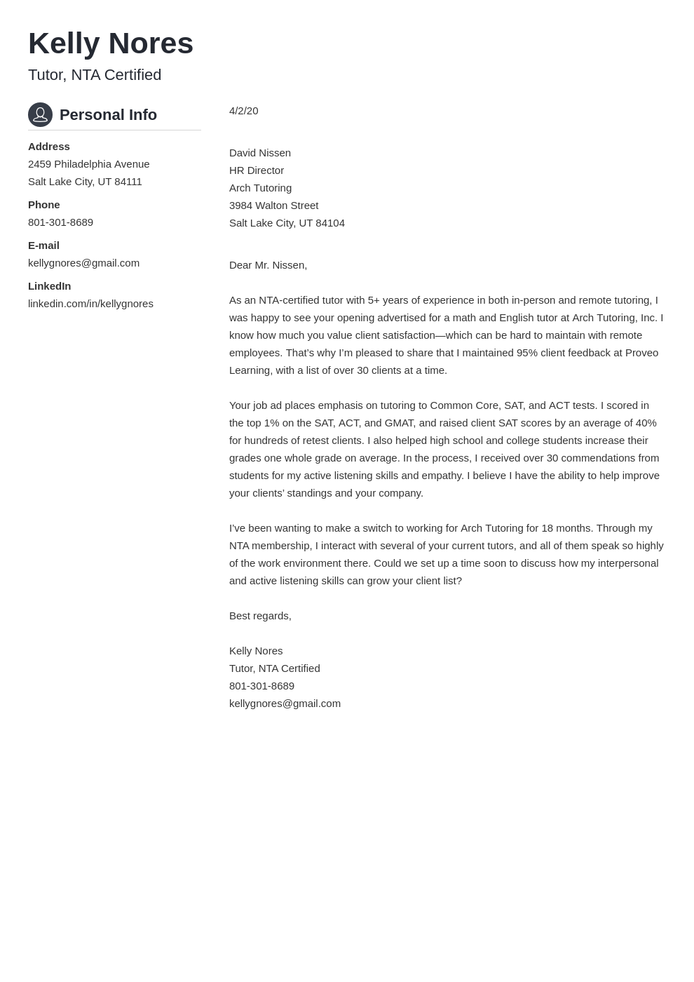tutor cover letter examples