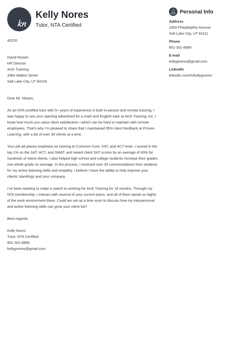 example of application letter for tutor position