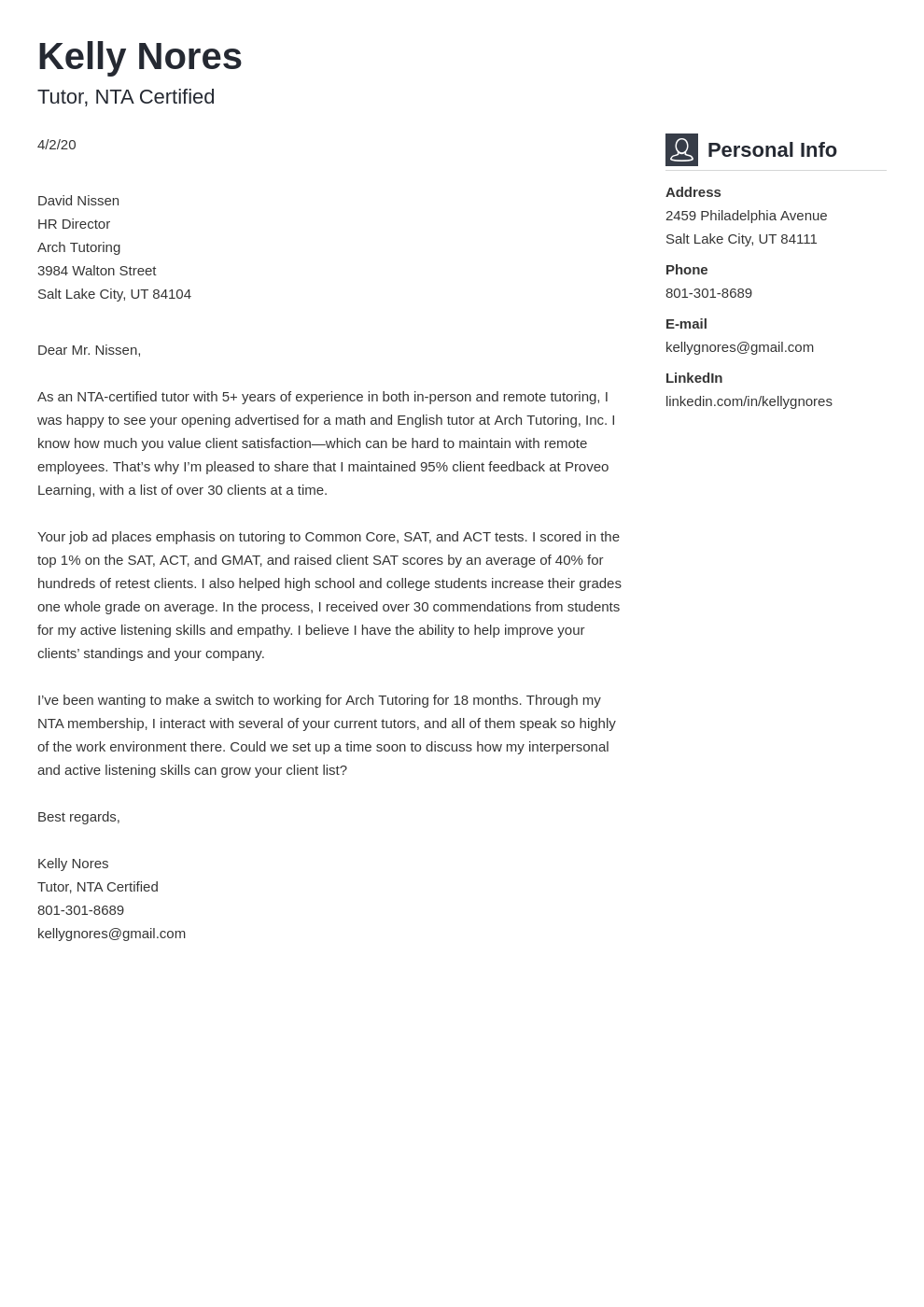 private tutor cover letter examples