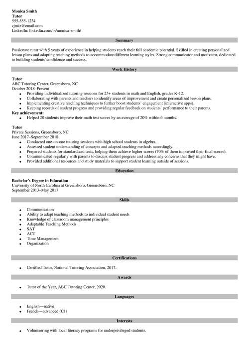 Tutor Job Description for a Resume