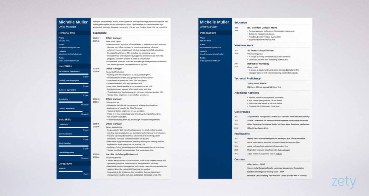 two page resume example with navy blue sidebar