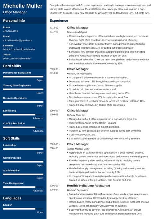 two page resume example with navy blue sidebar