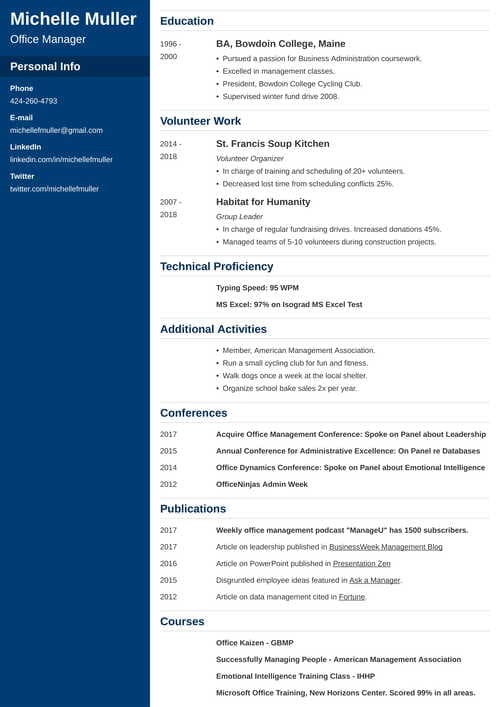 two page resume example with navy blue sidebar