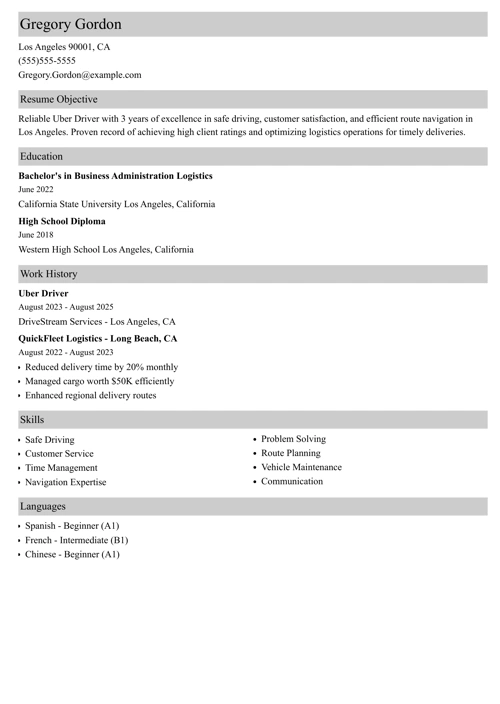 Uber driver resume example