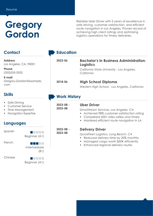 Uber driver resume example
