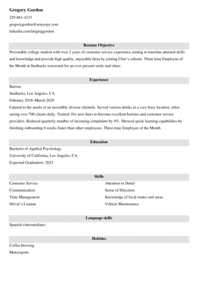 Uber driver resume example