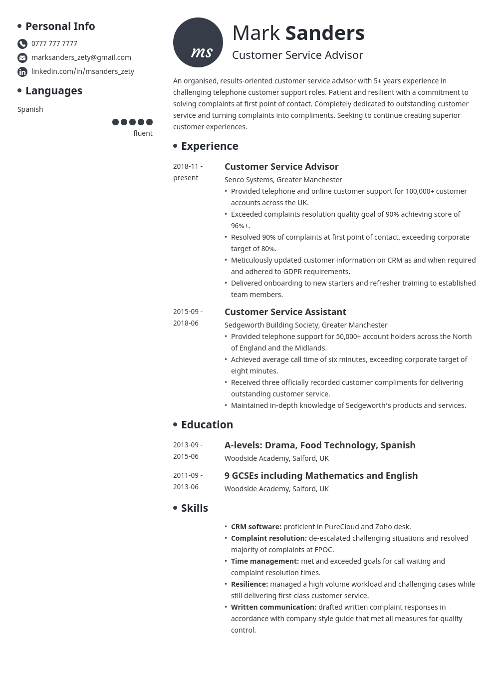 uk customer service cv example template initials