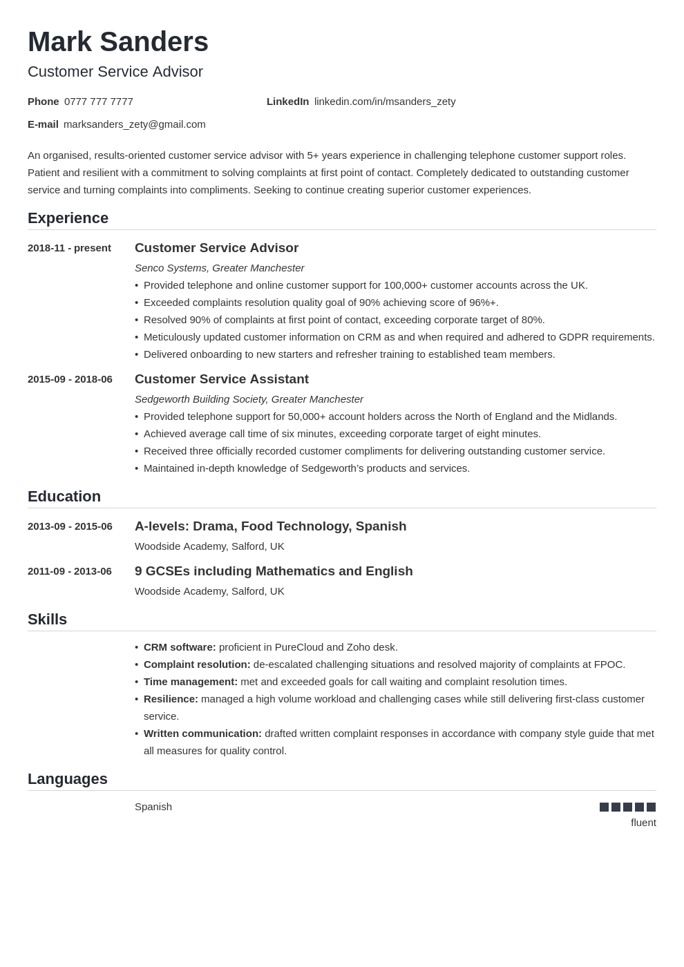 Customer Service Cv Example Skills Template