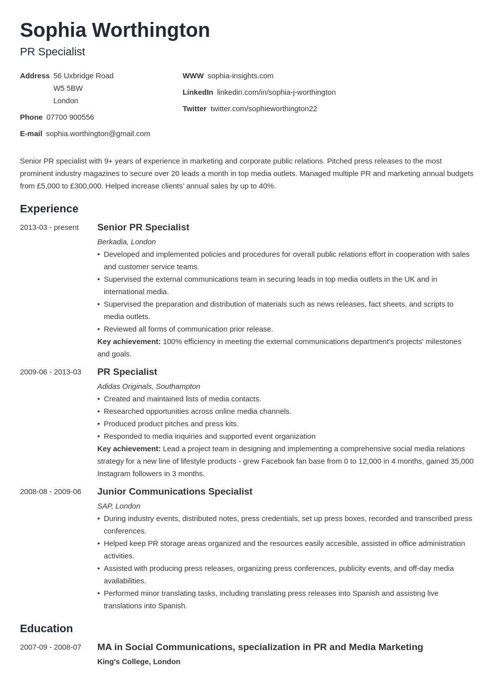 uk cv format template minimo