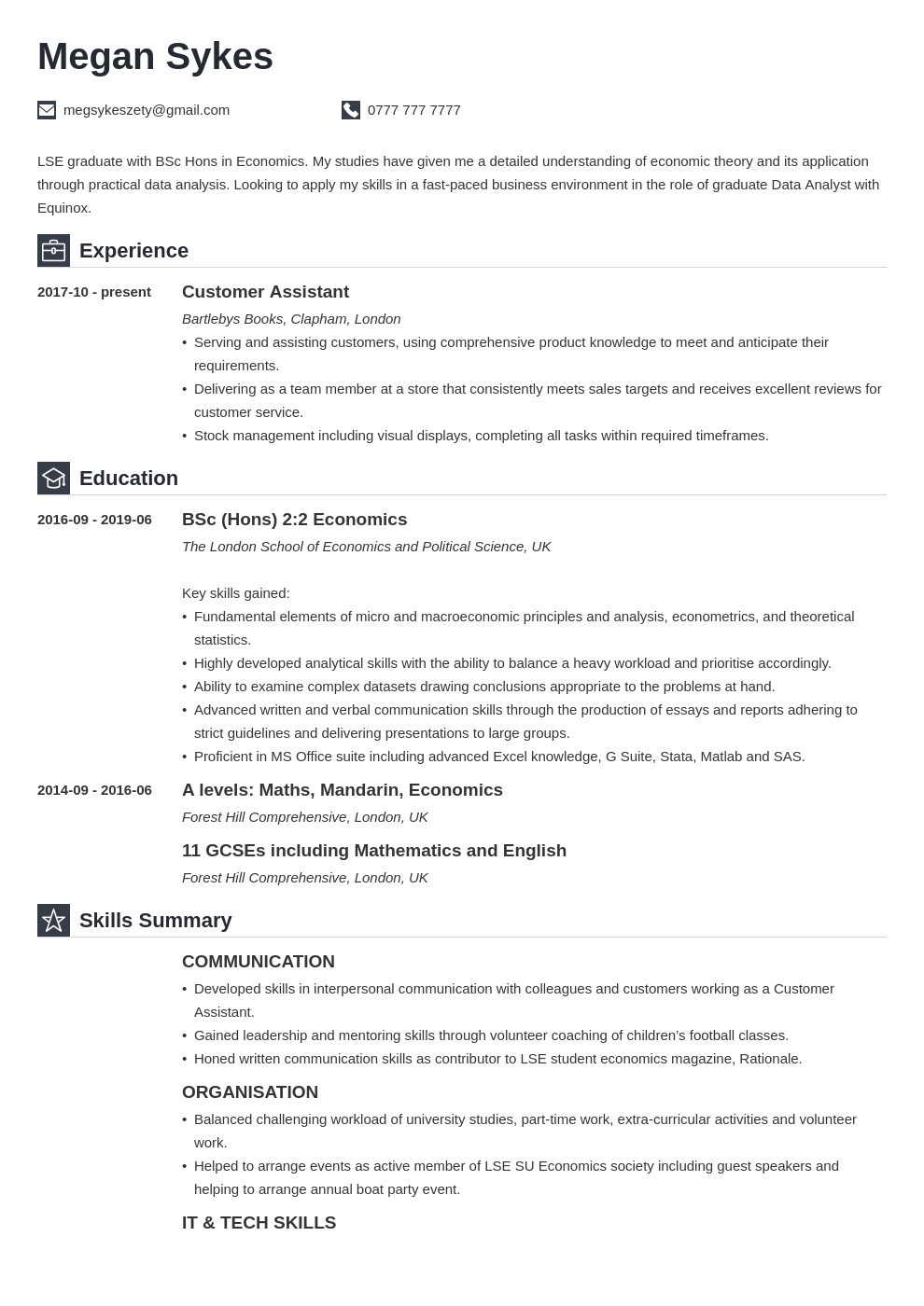 uk graduate cv example template iconic