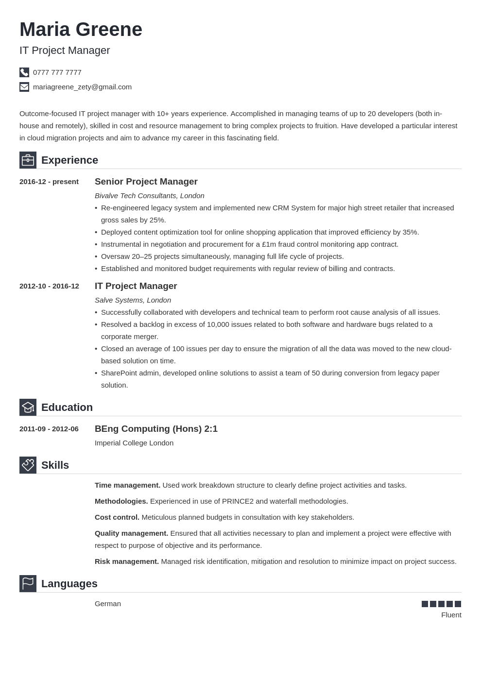 uk project manager cv example template iconic