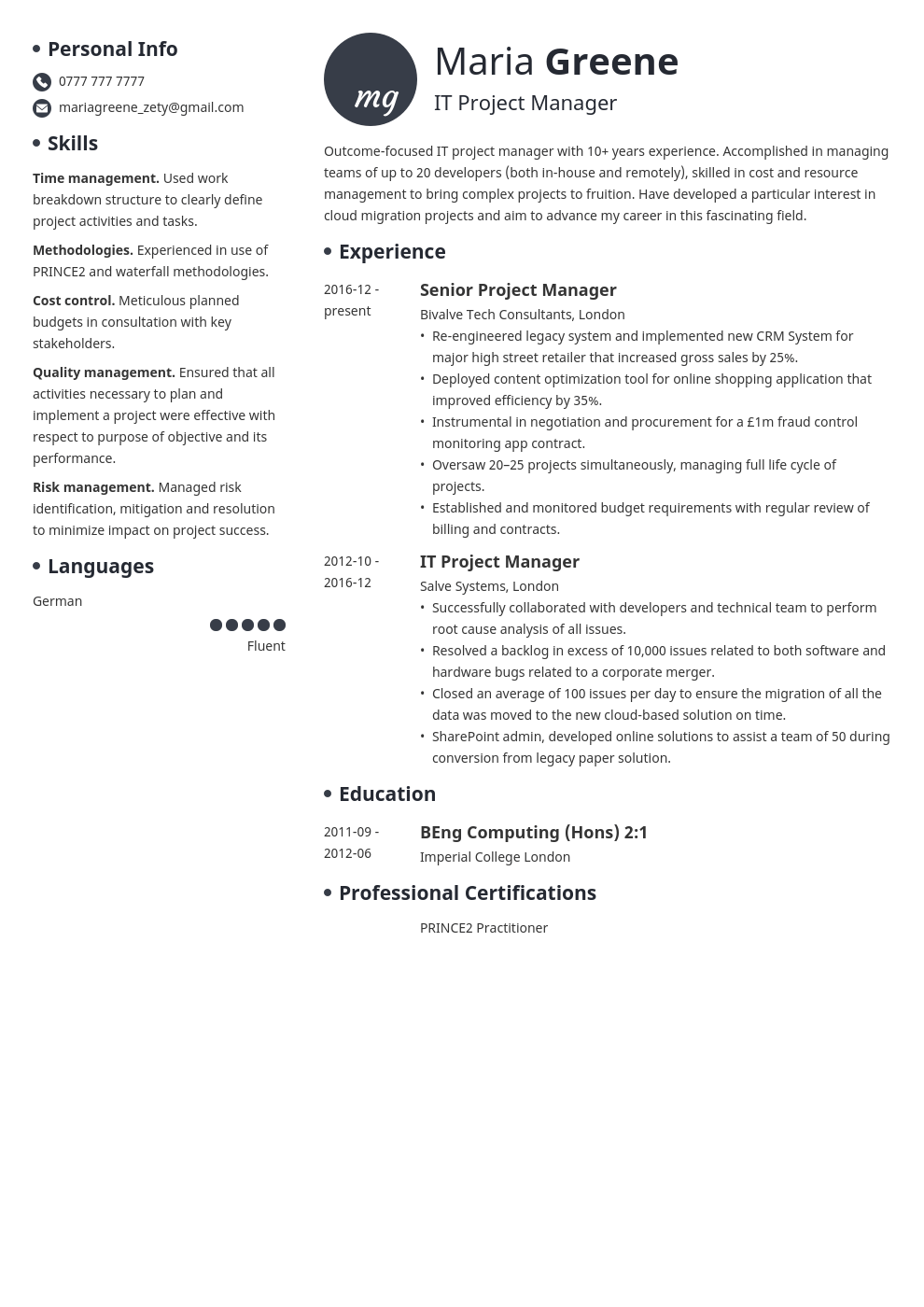 uk project manager cv example template initials