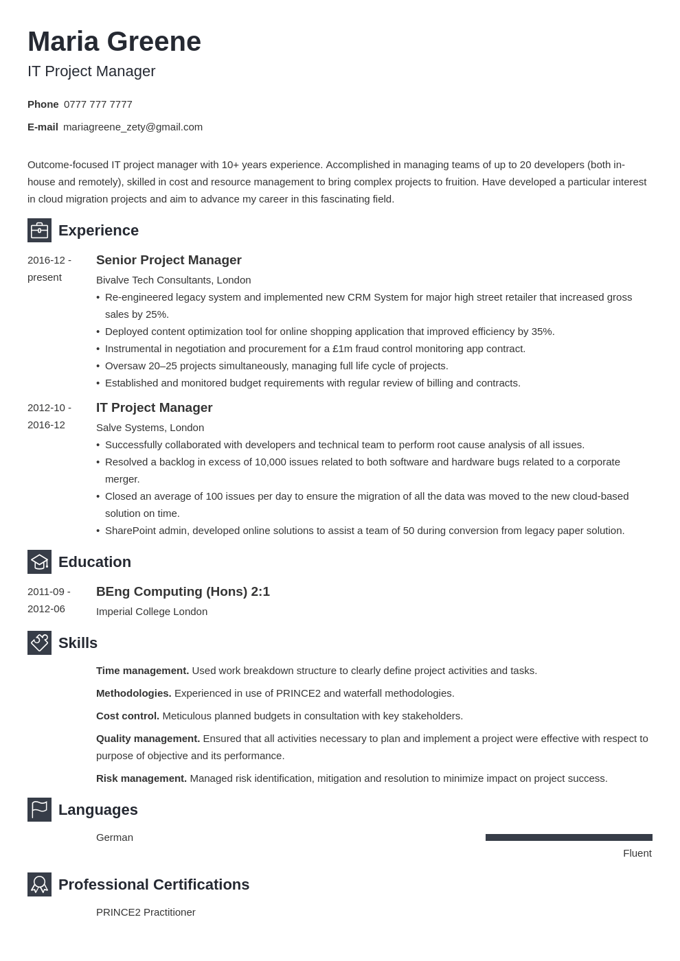 uk project manager cv example template newcast