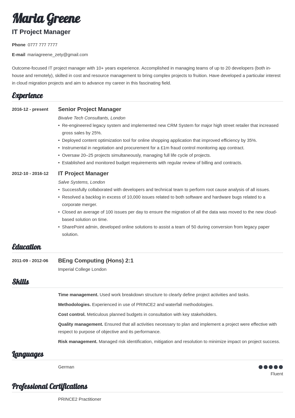 uk project manager cv example template valera