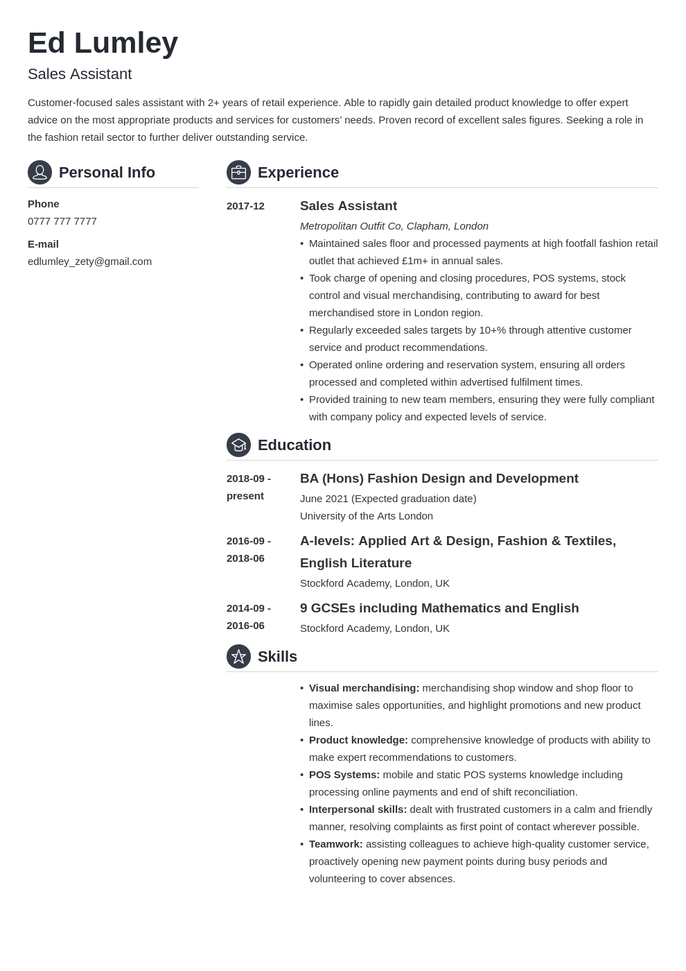 uk retail cv example template crisp