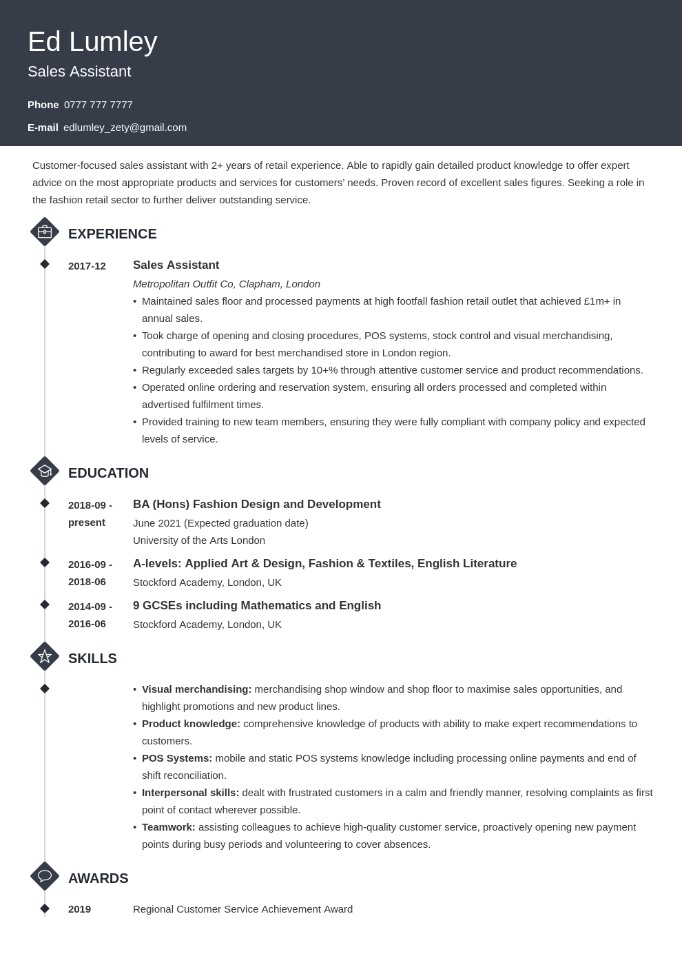 sales assistant personal statement examples