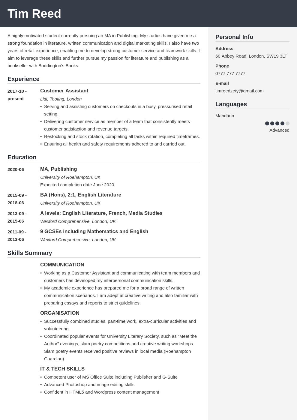 uk student cv example template cubic
