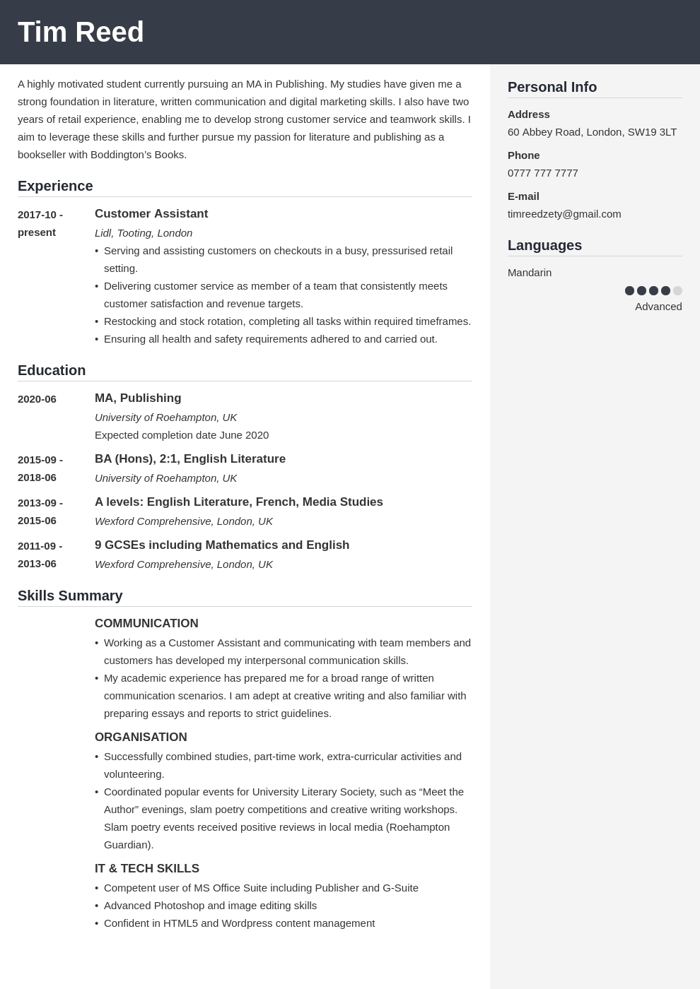 Uk Cv Examples For Students