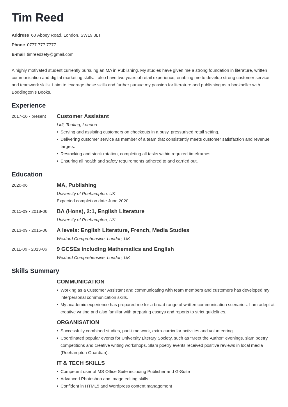 personal statement for a student cv