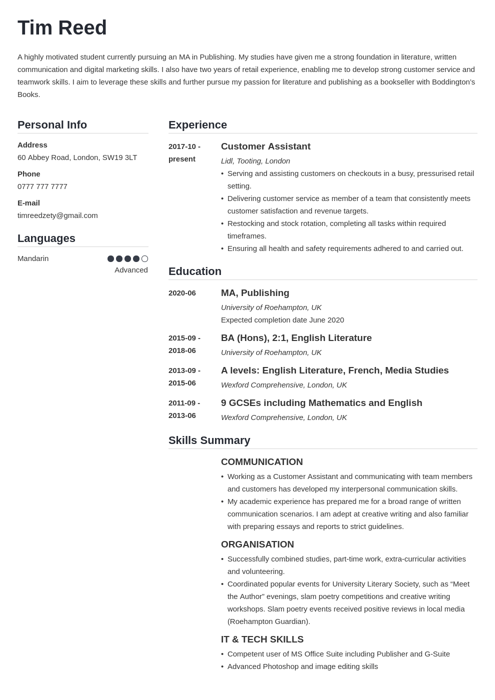 uk student cv example template simple