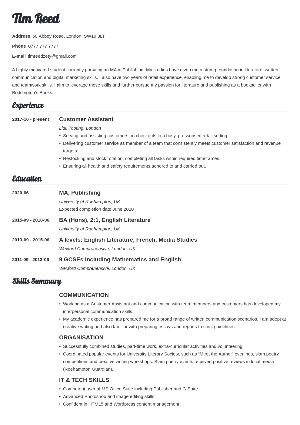 uk student cv example template valera