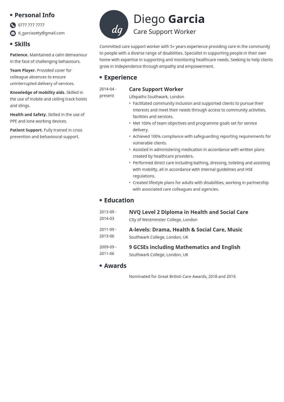 uk support worker cv example template initials