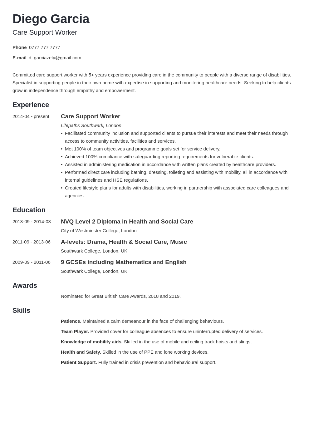 uk support worker cv example template minimo