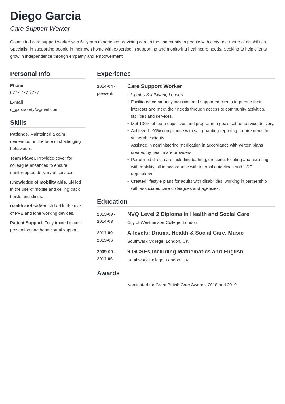 uk support worker cv example template simple