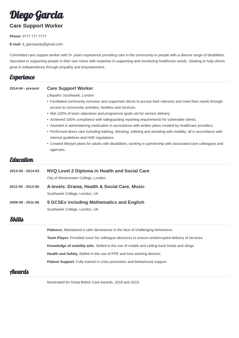 resume support worker