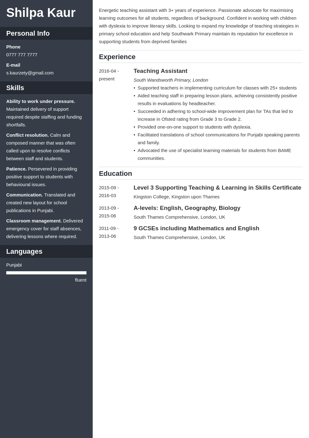 uk teaching assistant cv example template cascade