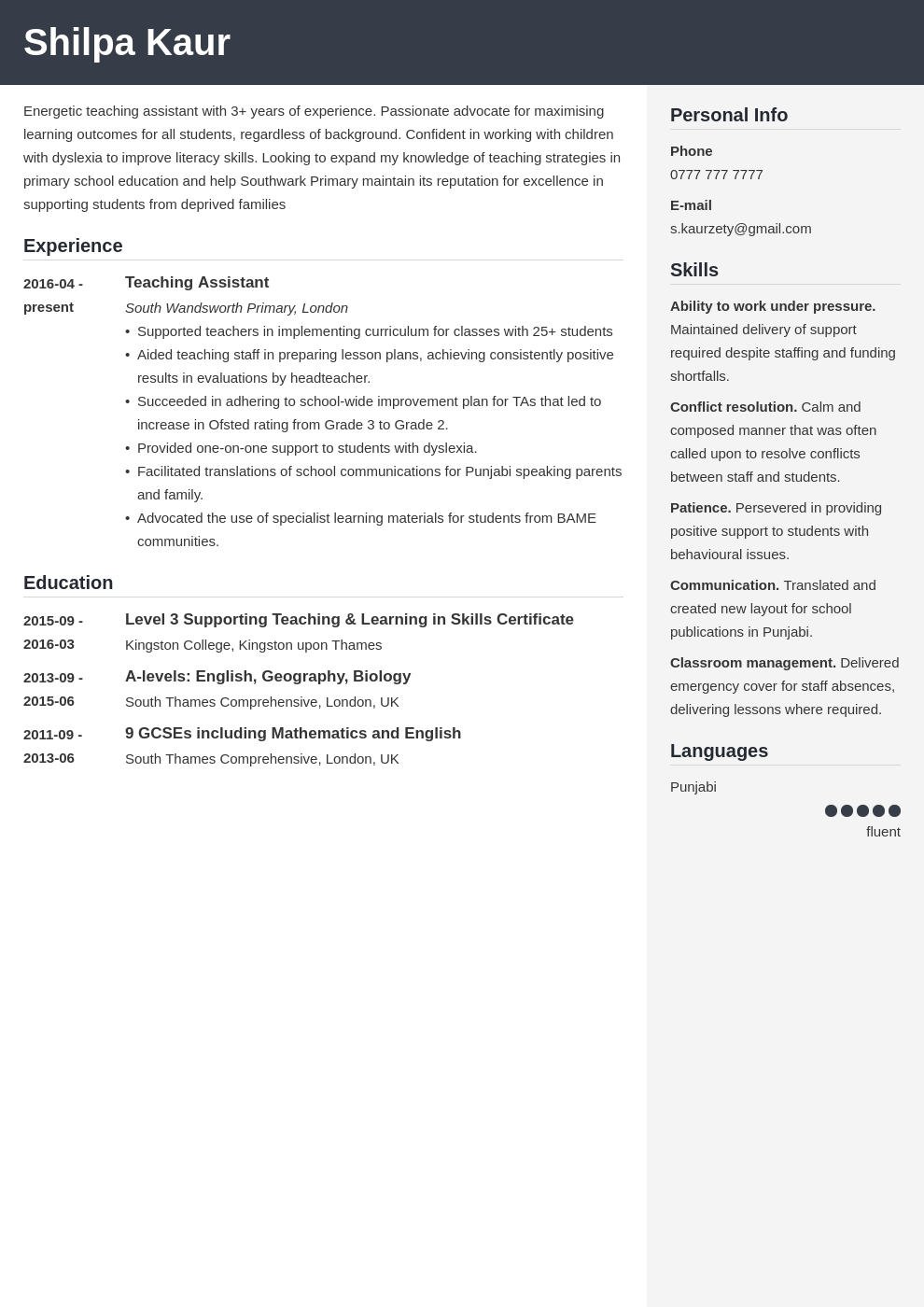 uk teaching assistant cv example template cubic