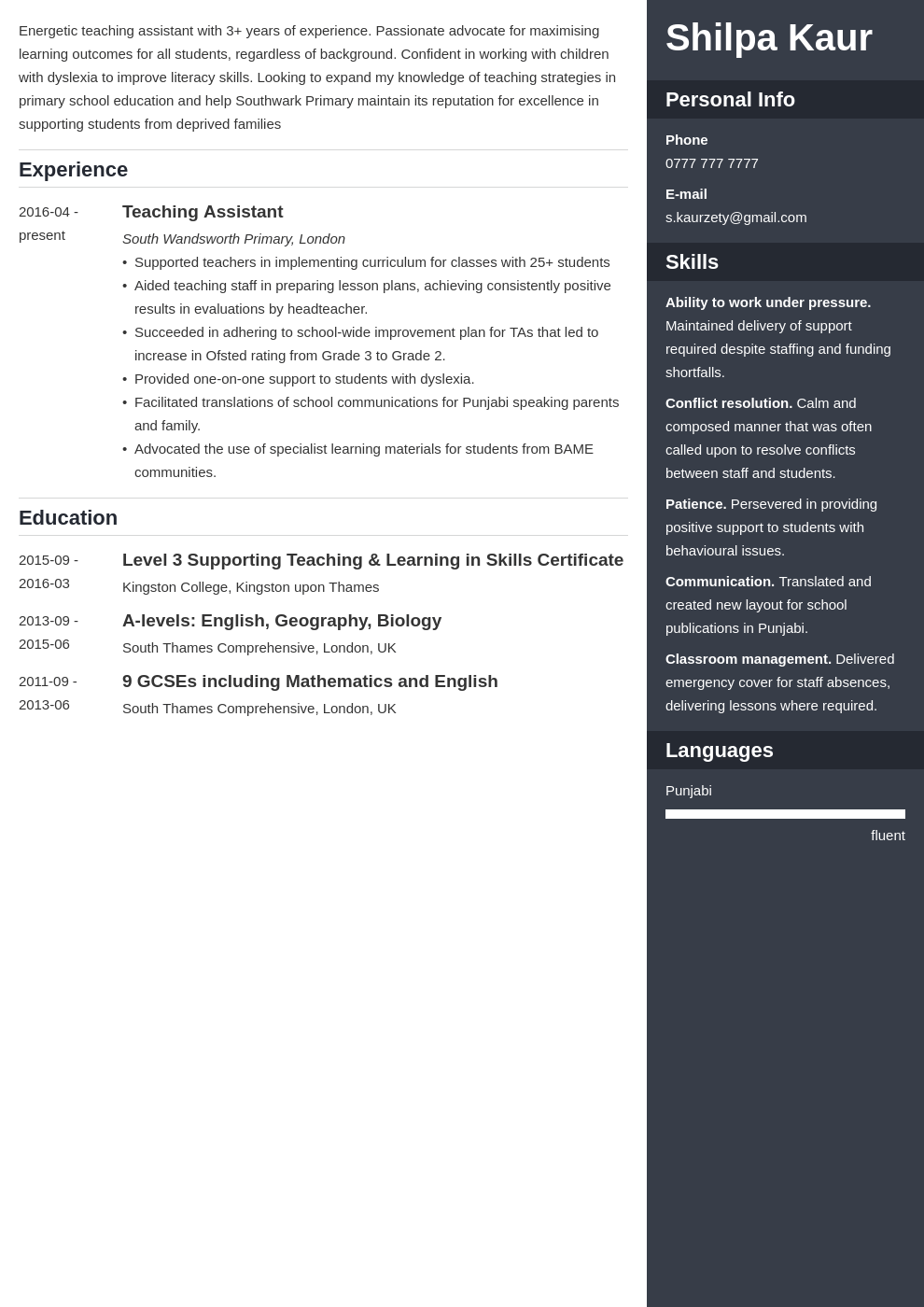 uk teaching assistant cv example template enfold