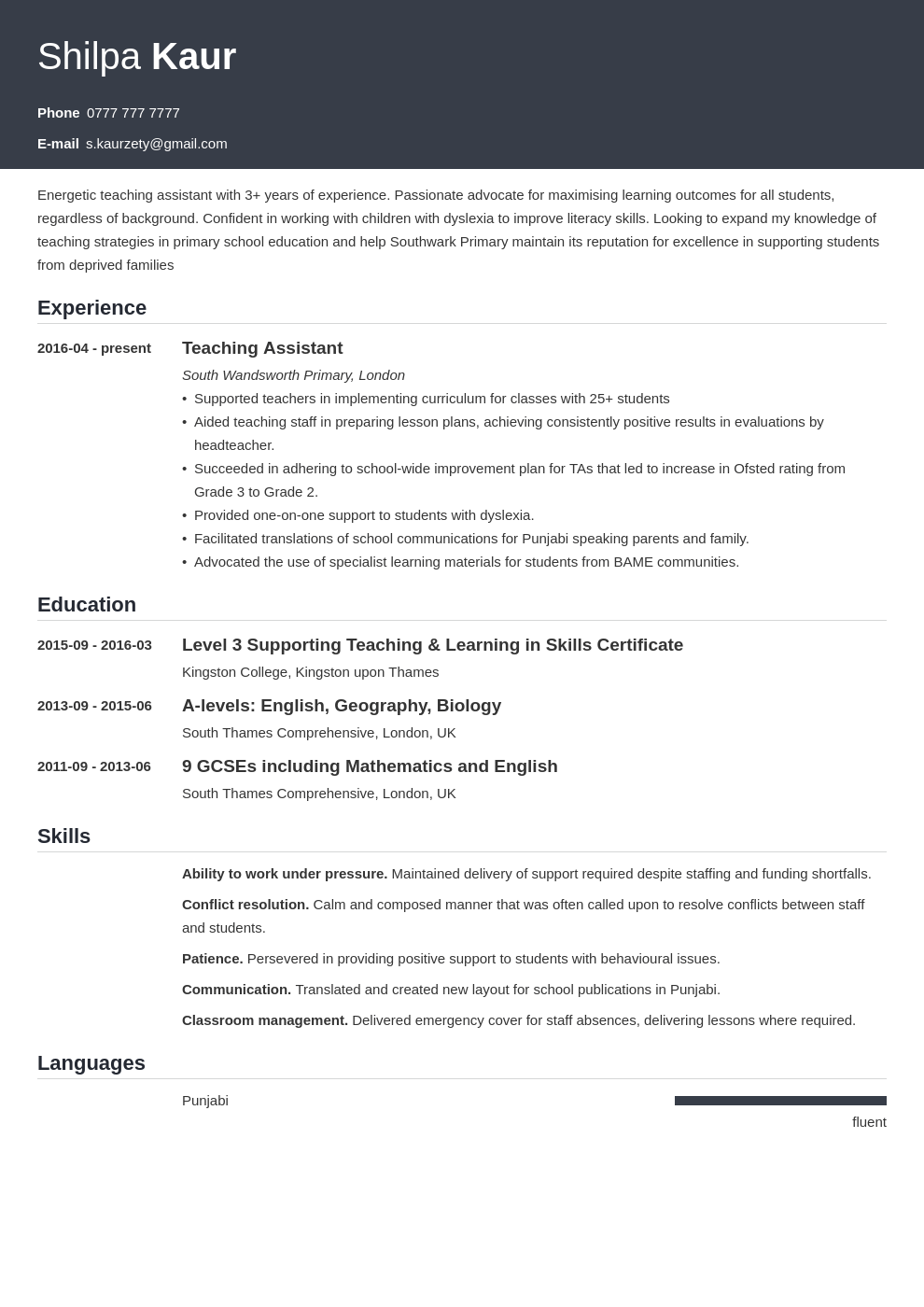 uk teaching assistant cv example template influx