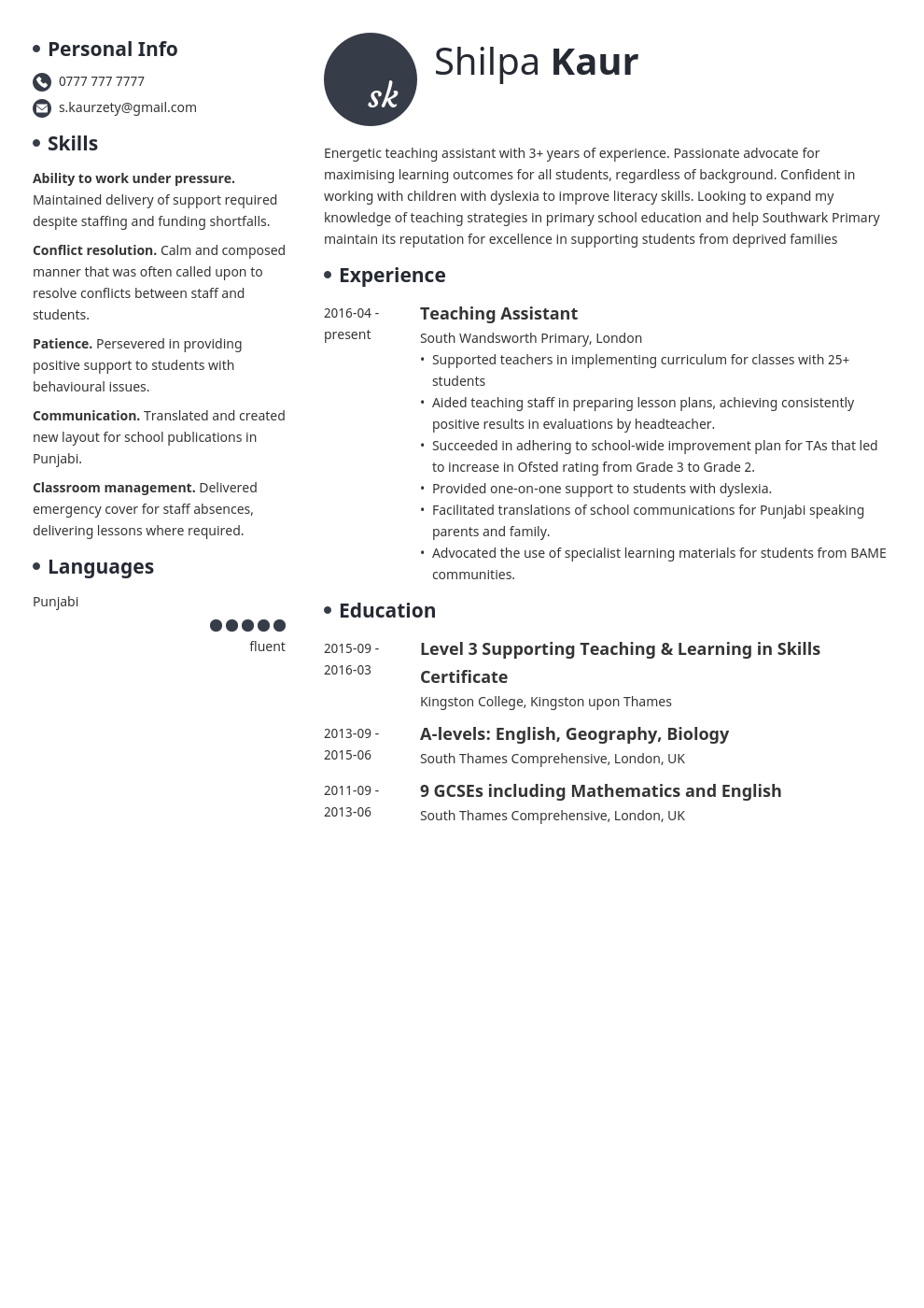 uk teaching assistant cv example template initials