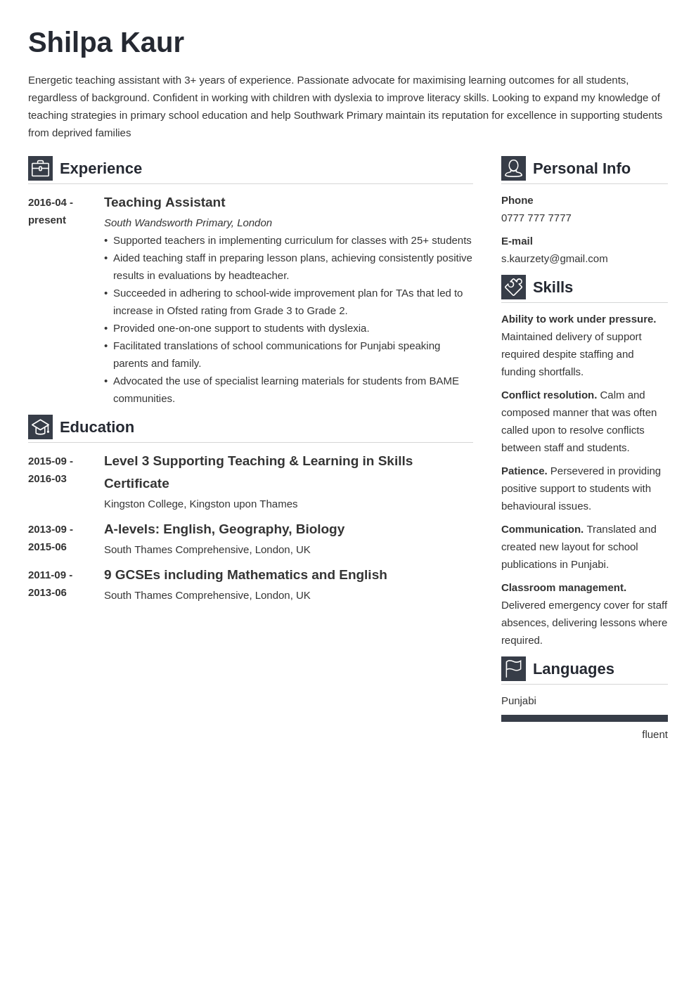 Teaching Assistant (TA) CV Example & Writing Guide