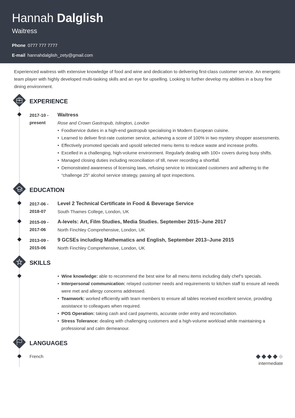 uk waitress cv example template diamond