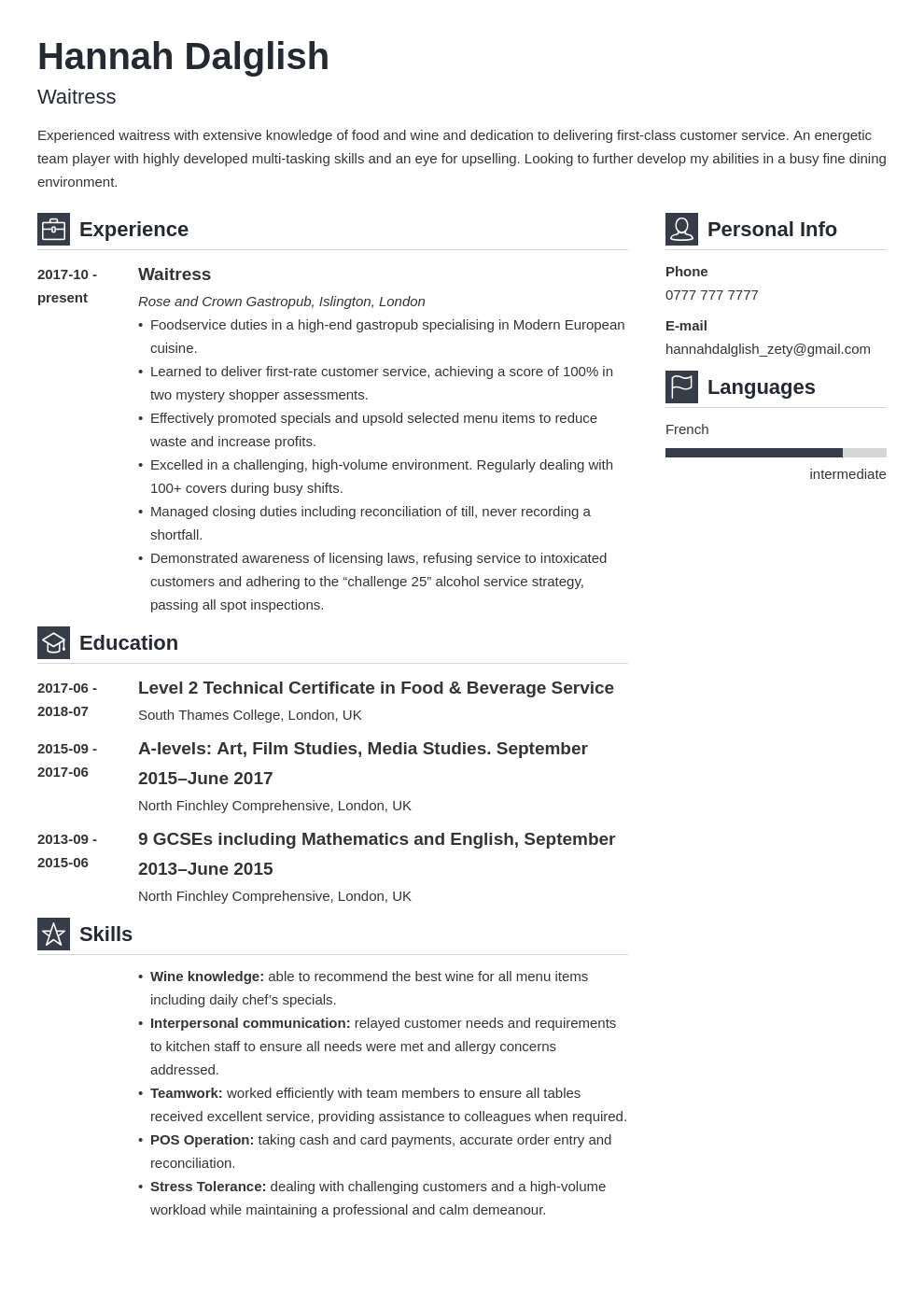 uk waitress cv example template vibes