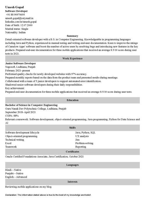 One-Year Experience Resume Sample