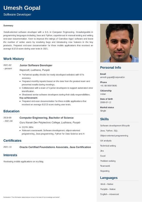One-Year Experience Resume Sample