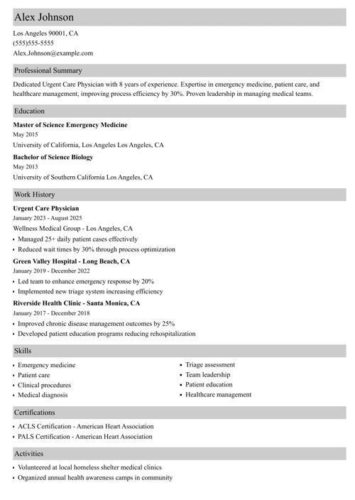 Urgent Care Physician Resume Sample