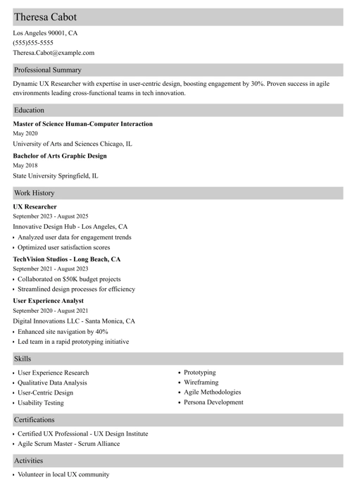 ux researcher resume example