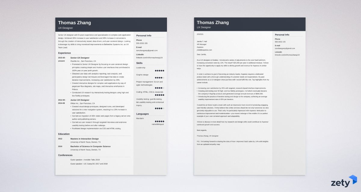 ux designer resume and cover letter set