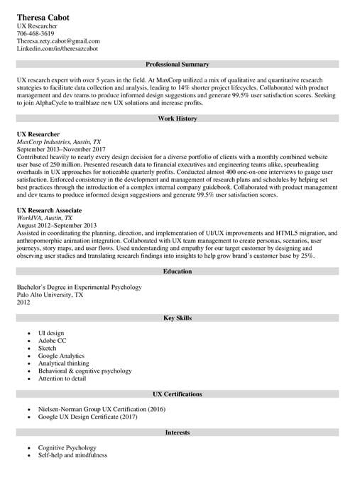ux researcher resume example