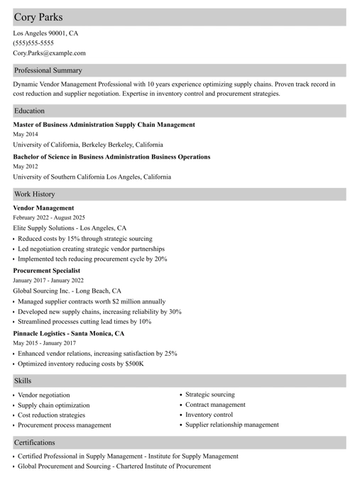 vendor management resume example